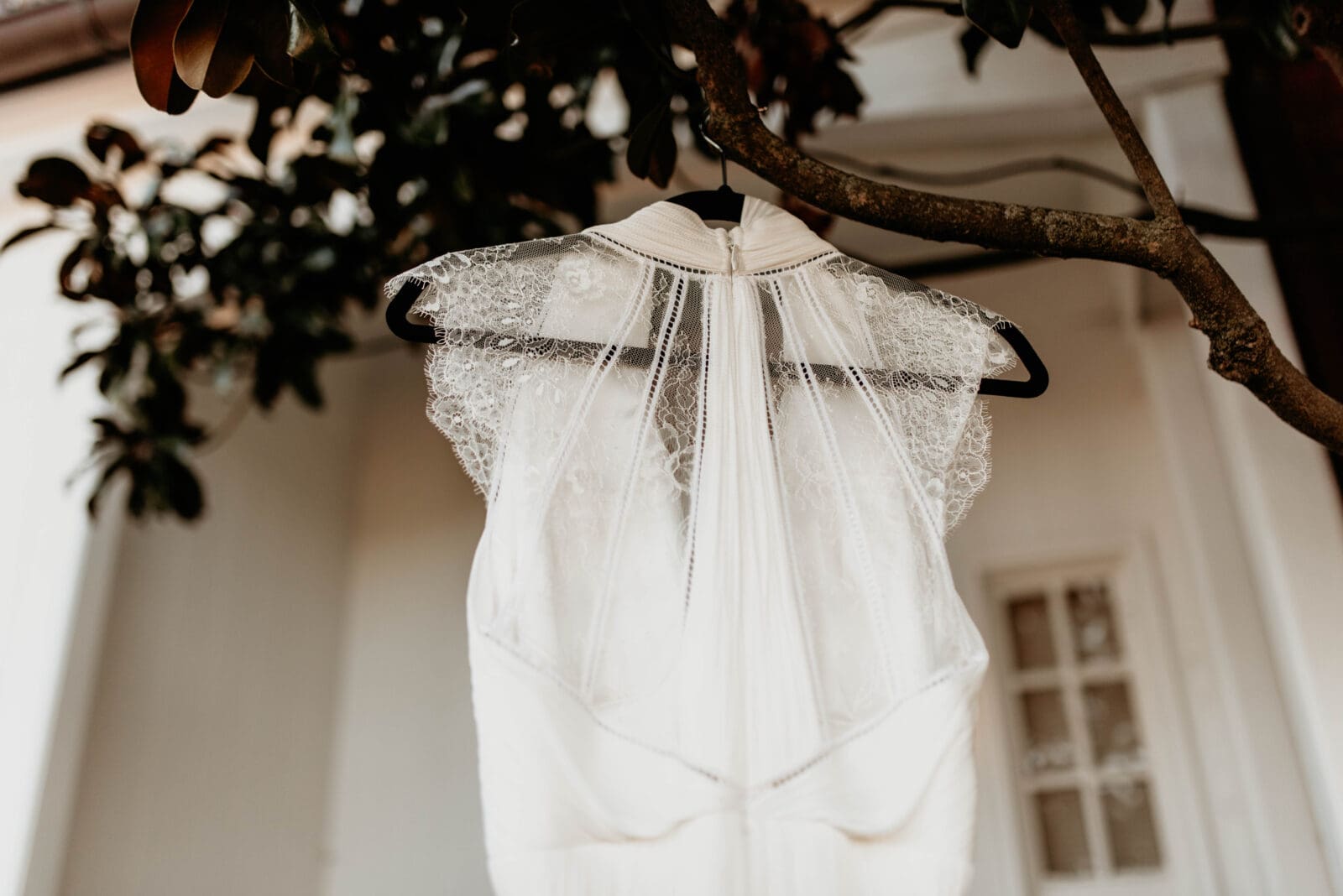 Bride dressing hanging from tree.