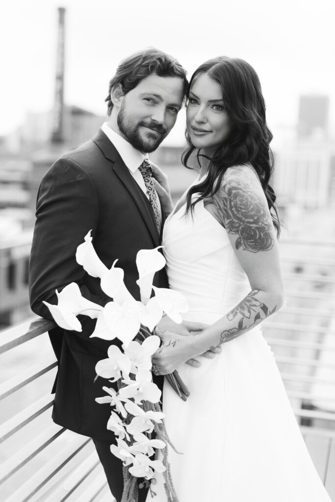 Black and white image of bride and groom.